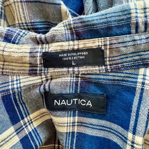 Nautica Blue & White Plaid Long Sleeve Cotton Flannel Shirt Large - Picture 4 of 8